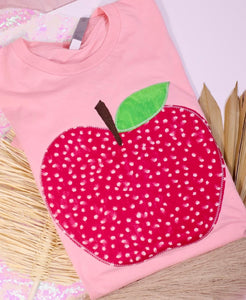 RED POLKA DOT APPLE TEACHER APPLIQUE HANDMADE PINK TEE