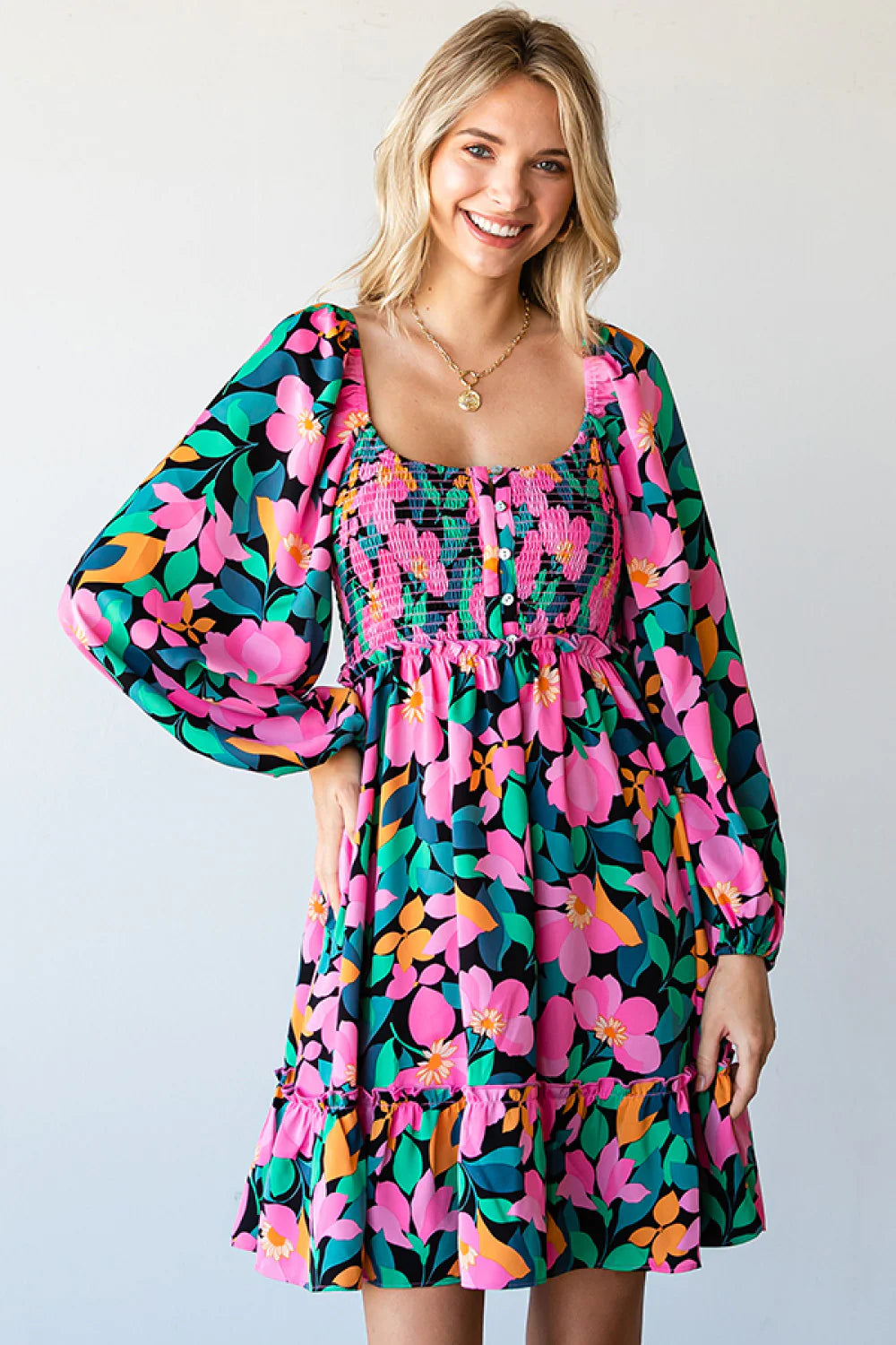 BLACK HOT PINK ORANGE GREEN BLUE FLORAL PRINT SMOCKED FIT & FLARE DRESS