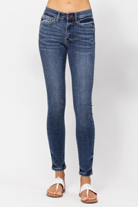 MEDIUM WASH MID RISE SKINNY WITH HANDSANDING JUDY BLUE DENIM-PLUS