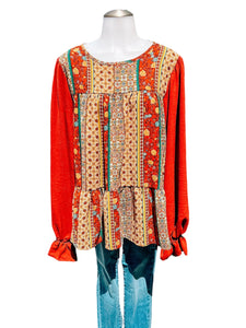 Rust Color Block Boho Longsleeve Printed Top