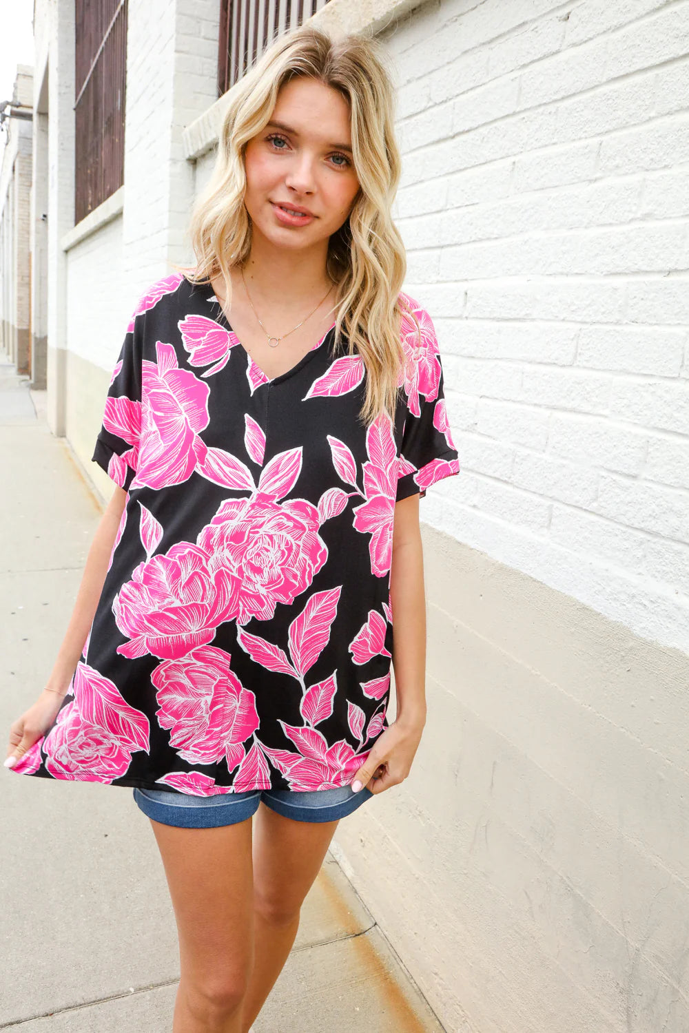 BLACK FUCHSIA FLORAL DROP SHOULDER VNECK KNIT TOP- SALE