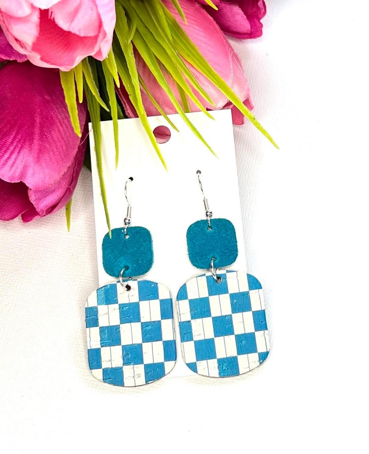 CHECKERED PRINT SQUARE WITH MATCHING SOLID COLOR SQUARE LEATHER HANDMADE EARRINGS BY B.O.D