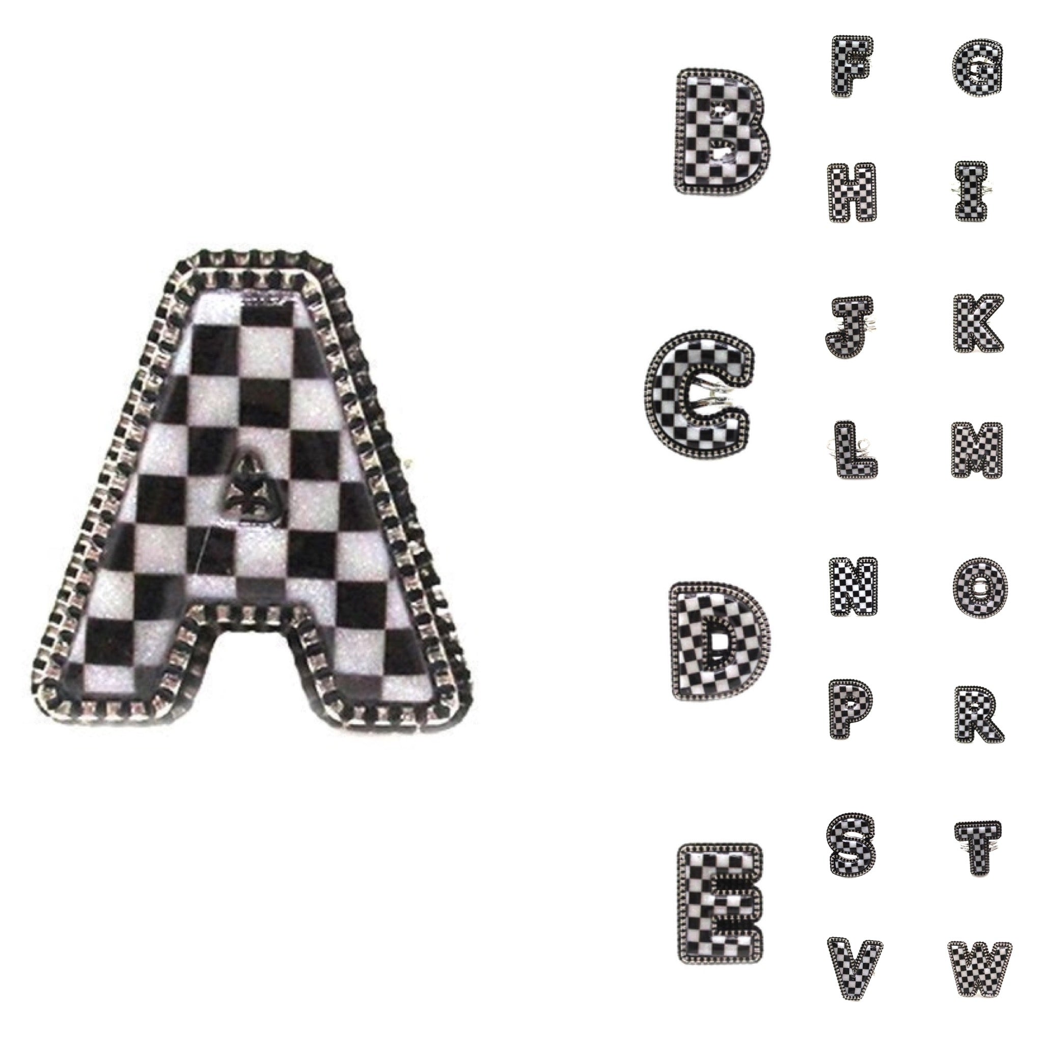 CHECKERED BUBBLE INITIAL BLACK & WHITE ON SILVER ADJUSTABLE CUFF RING