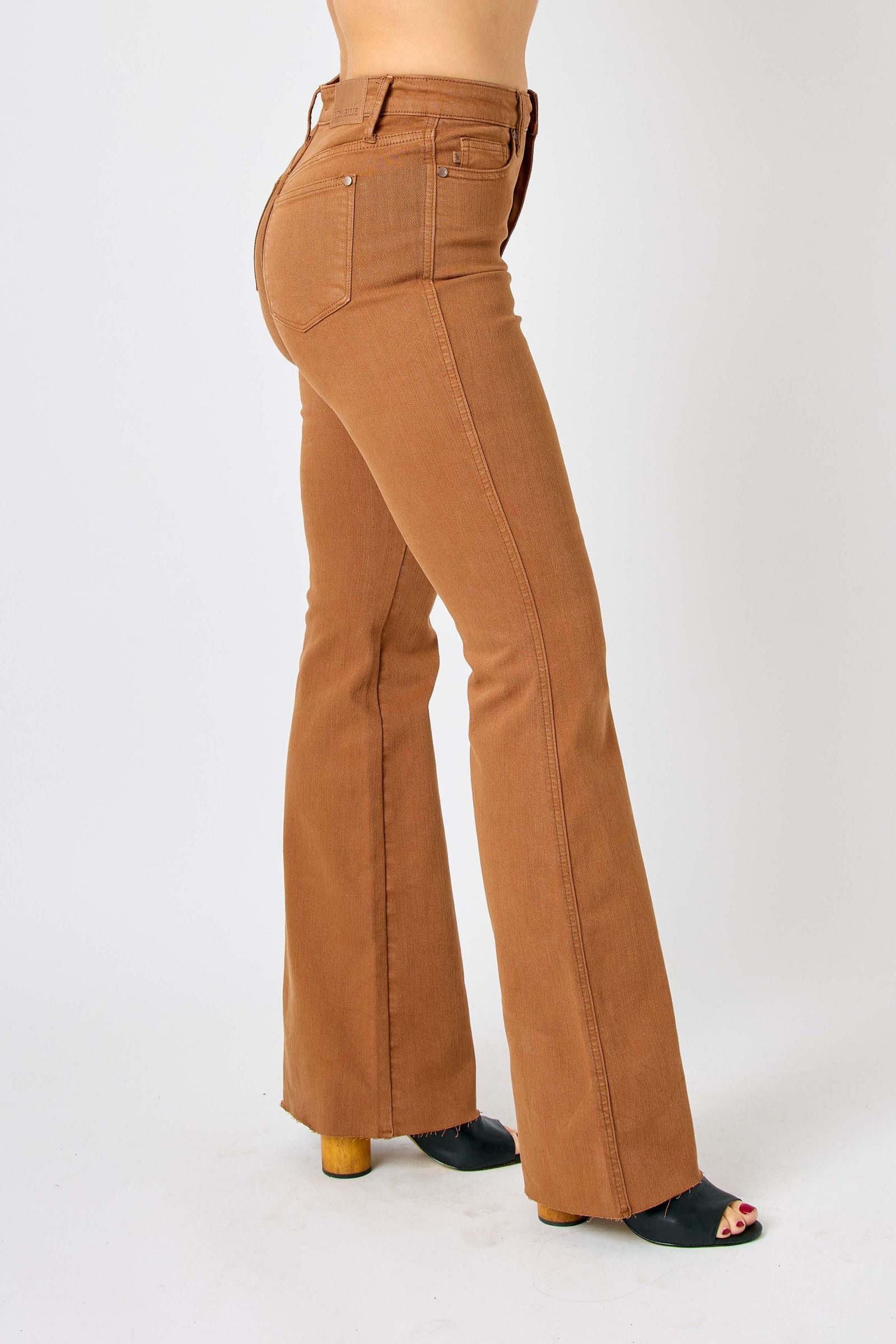 BROWN HIGH WAIST TUMMY CONTROL GARMENT DYED FLARE DENIM JUDY BLUE