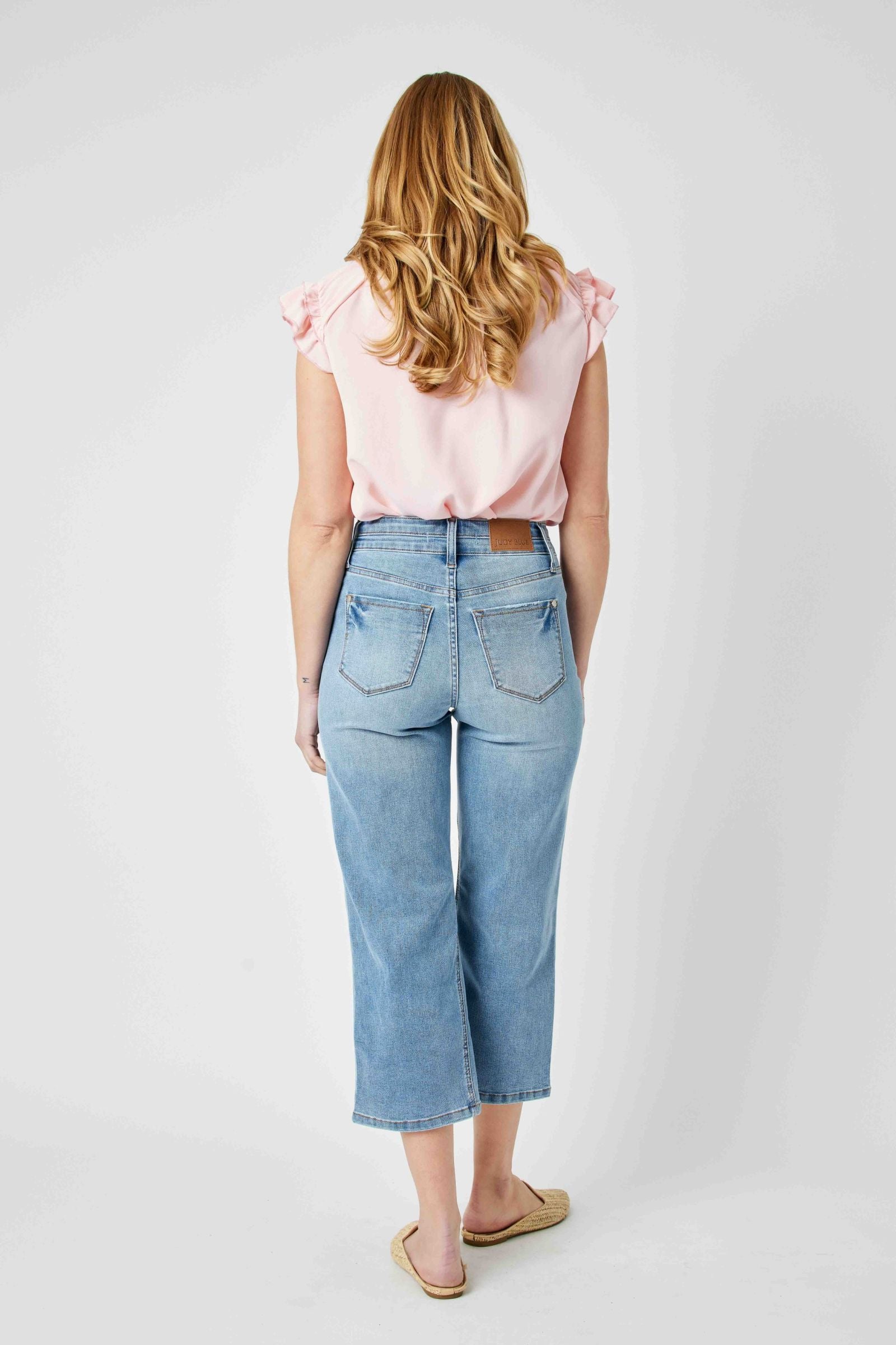 MEDIUM WASH HIGH WAIST DOUBLE WAISTBAND CROPPED WIDE LEG JUDY BLUE DENIM-PLUS