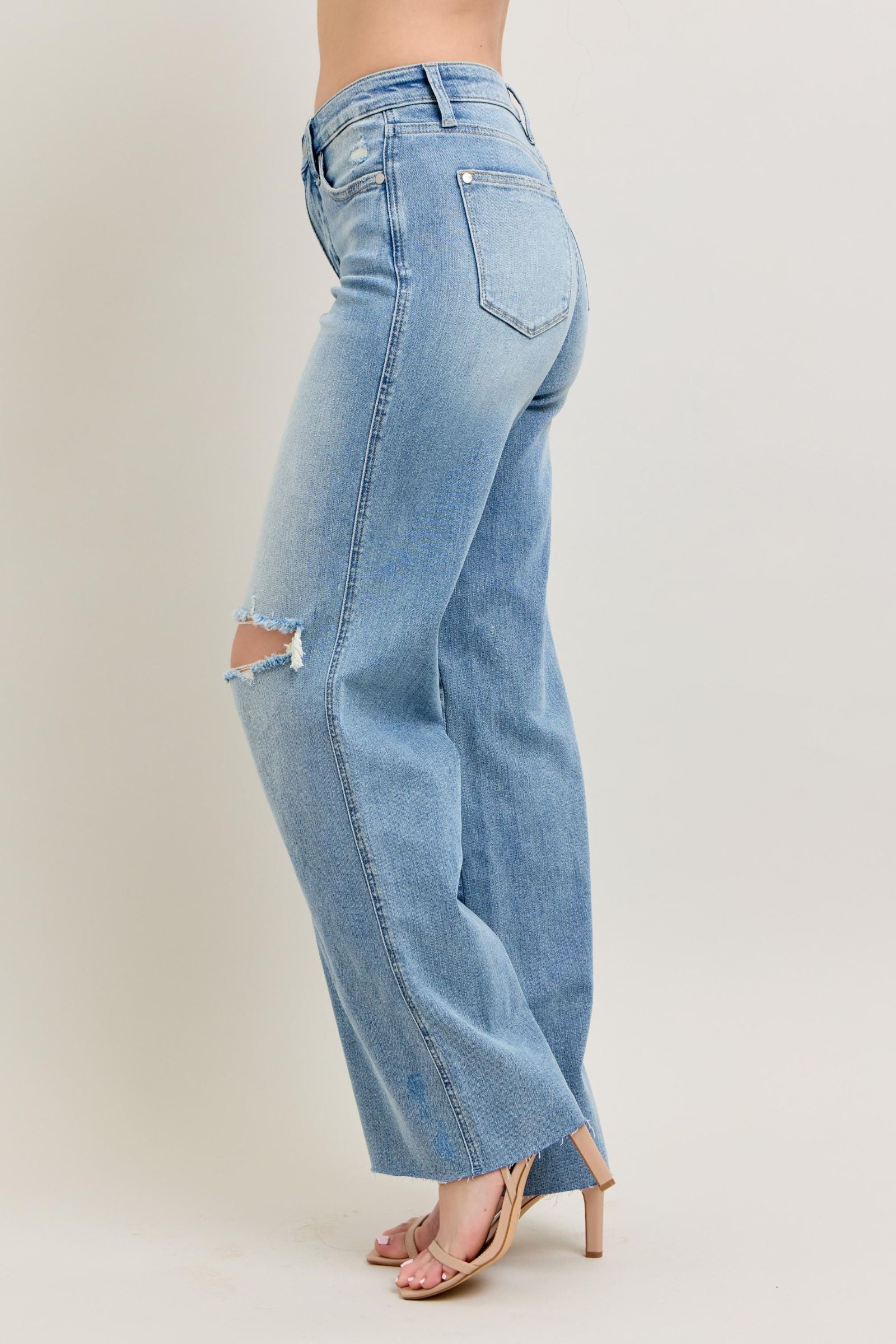 LIGHT WASH MID RISE TUMMY CONTROL DESTROYED WIDE LEG JUDY BLUE DENIM