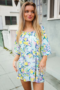 AQUA YELLOW GREEN BLUE FLORAL BUBBLE SLEEVE TOP