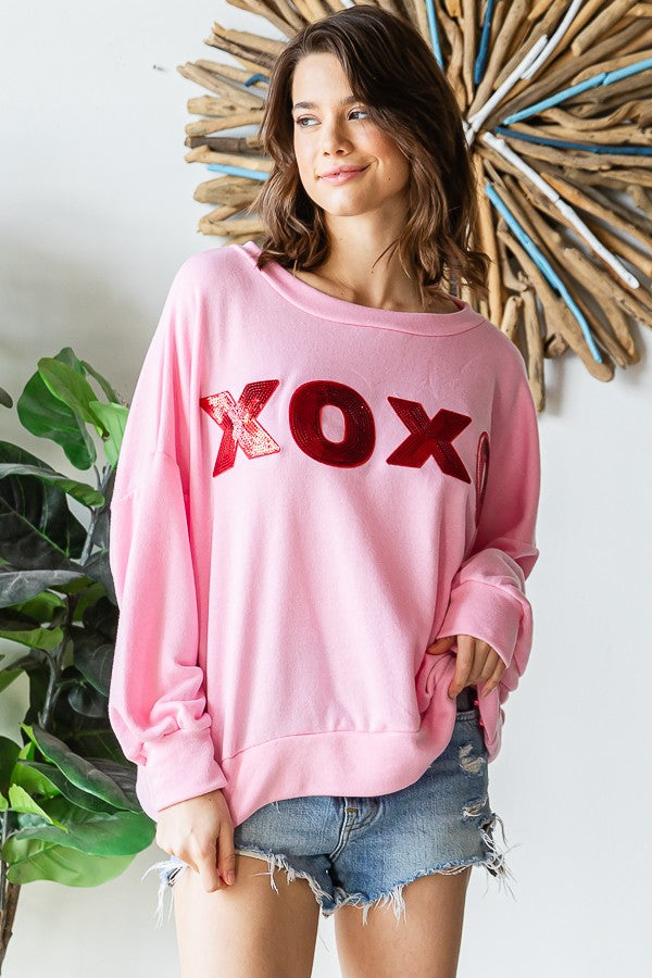 PINK XOXO OVERSIZED SEQUIN PATCH SWEATSHIRT-PLUS