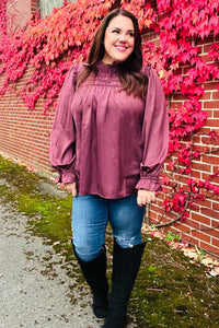 WINE MARSALA BE YOUR BEST SATIN SHIRRED YOKE FRILLY MOCK NECK BLOUSE