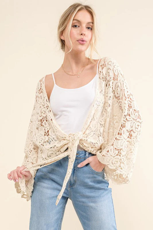 IVORY CROCHET TIE HEM CARDIGAN-PLUS