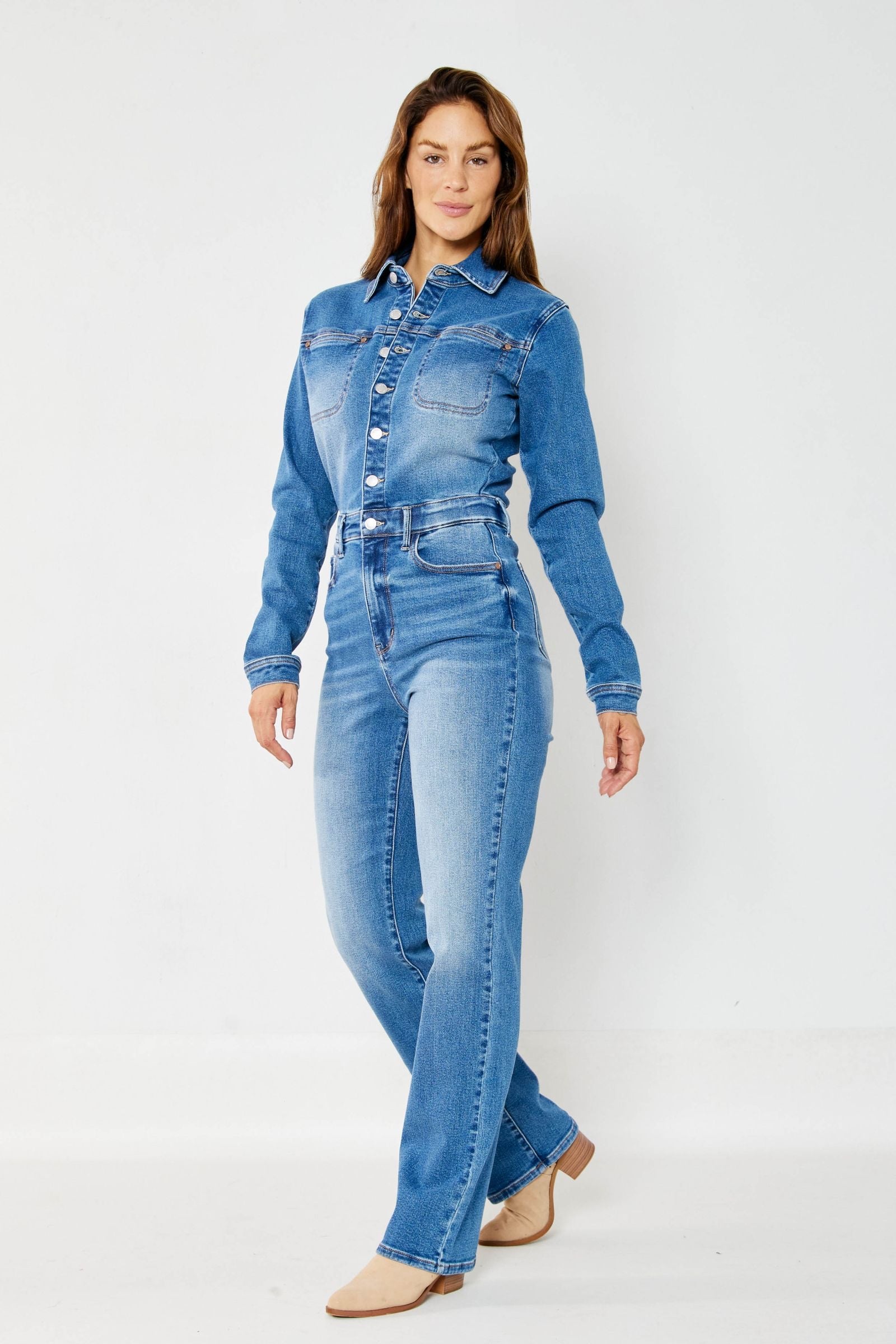 Judy Blue Medium Wash High Waist Denim Long Sleeve Jumpsuit Slim Straight