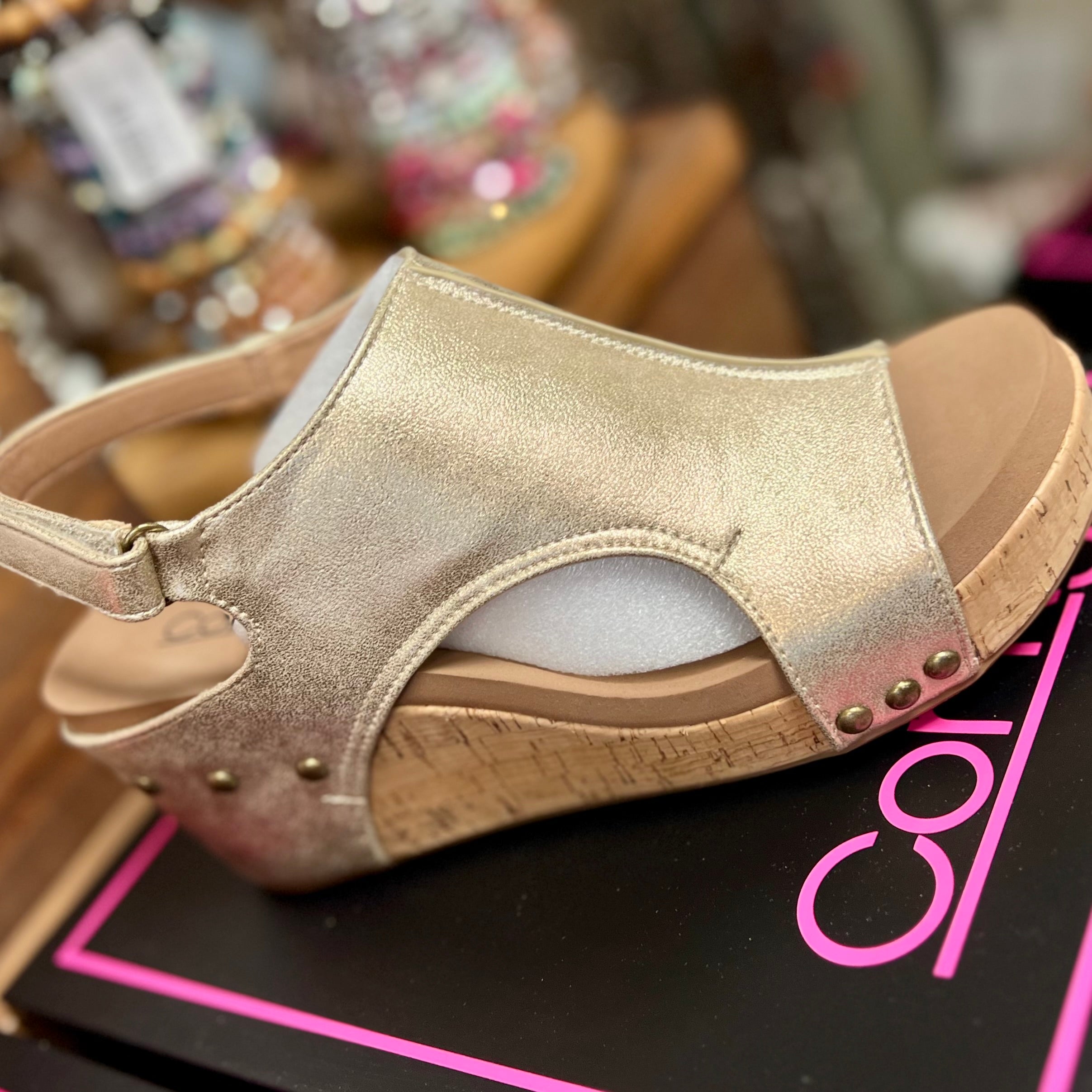 CARLEY ANTIQUE GOLD CORKYS SANDAL WEDGES- SALE- SIZE 11 LEFT
