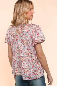 LAVENDER MULTI FLORAL FRONT RIBBONS BOW TIE BABYDOLL KNIT TOP-PLUS