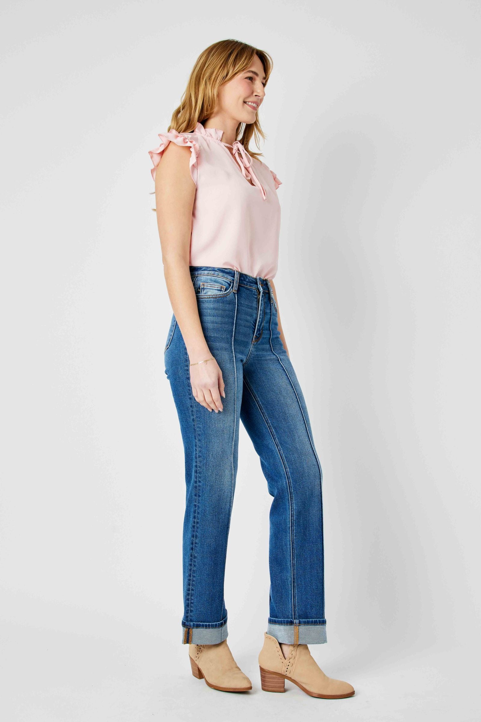 MEDIUM WASH HIGH WAIST FRONT SEAM DETAIL & CUFFED STRAIGHT JUDY BLUE DENIM