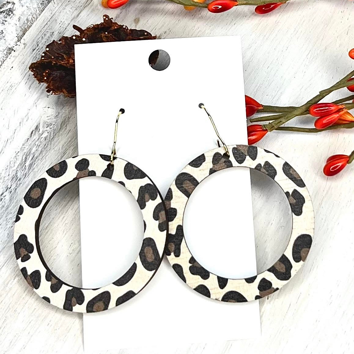 LEOPARD WOODEN ROUND HANDMADE EARRINGS BY B.O.D