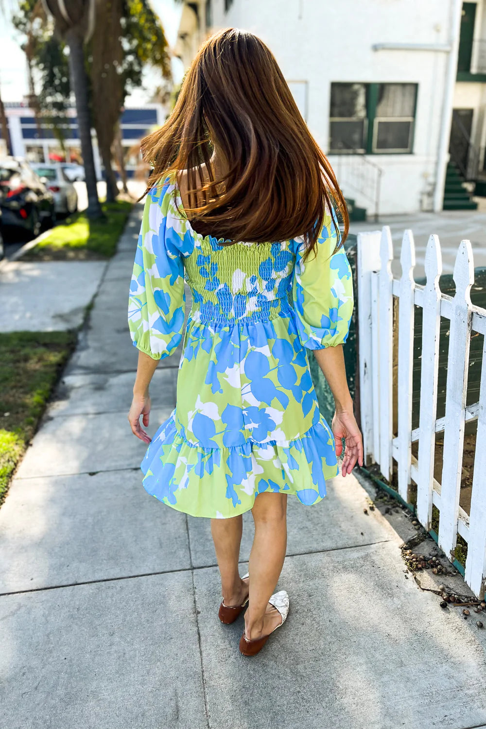 BLUE & LIME GREEN FIT & FLARE SMOCKED DRESS