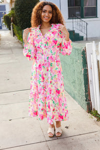 NEON PINK GREEN PEACH FRILLY VNECK RUFFLE SHIRRED WAIST FLORAL MAXI DRESS