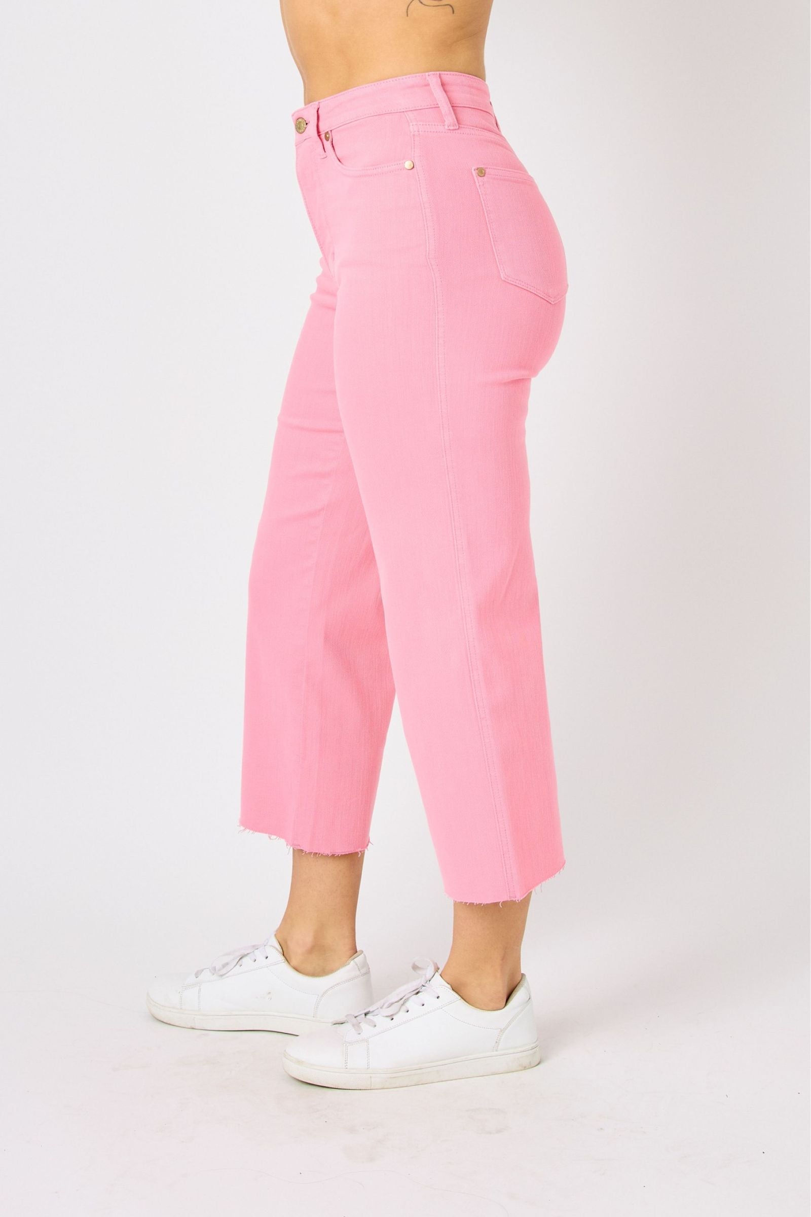 PINK HIGH WAIST GARMENT DYED TUMMY CONTROL CROPPED WIDE LEG JUDY BLUE DENIM- PLUS