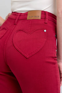 SCARLET HIGH WAIST GARMENT DYED HEART SHAPED BACK POCKETS 90S STRAIGHT JUDY BLUE DENIM