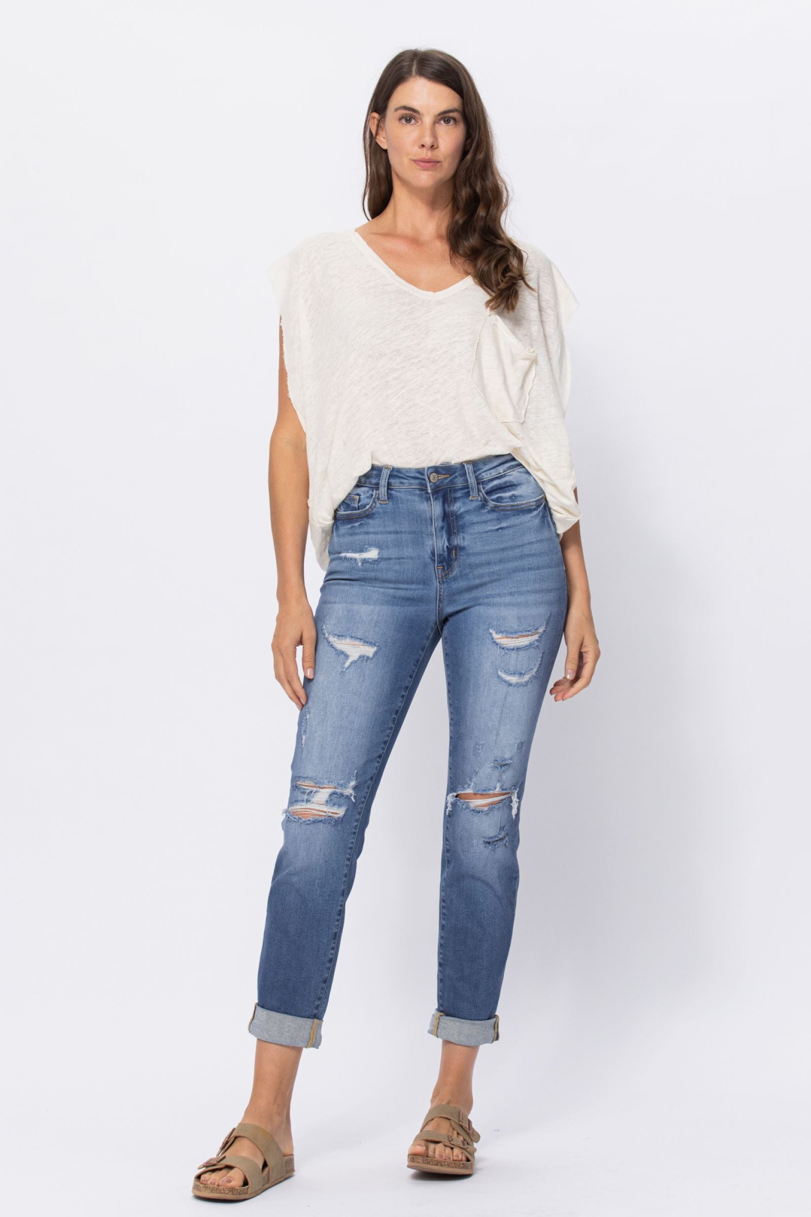 LIGHT WASH HIGH WAIST CUFFED BOYFRIED WITH DESTROY JUDY BLUE DENIM-PLUS