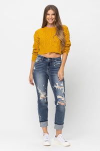 MID RISE CUFFED DESTROYED BOYFRIEND MEDIUM WASH JUDY BLUE DENIM