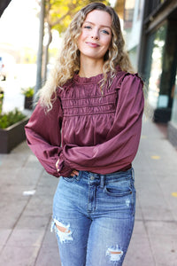WINE MARSALA BE YOUR BEST SATIN SHIRRED YOKE FRILLY MOCK NECK BLOUSE