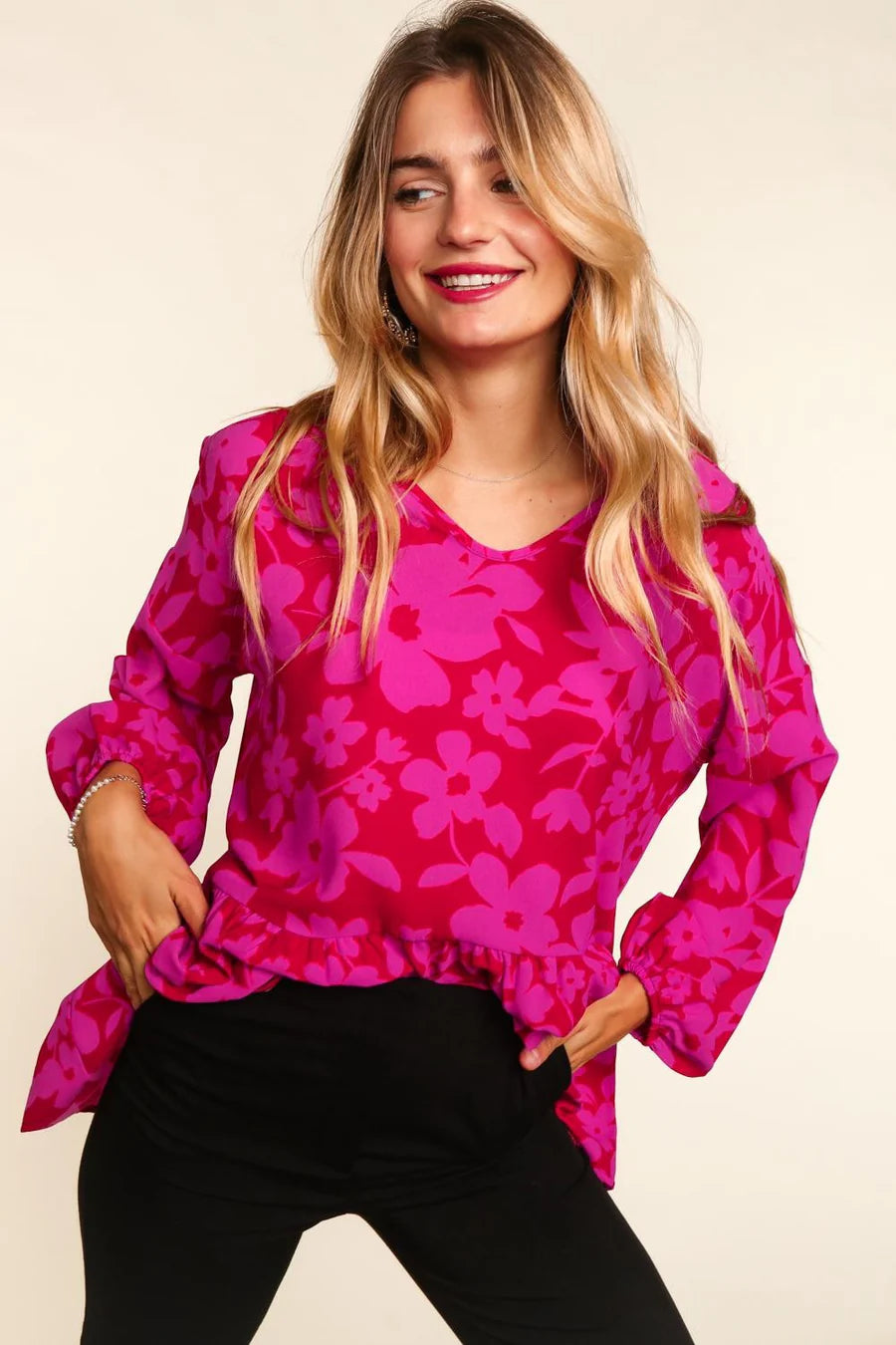 RED FUCHSIA FLORAL BUBBLE WOVEN PEPLUM TOP