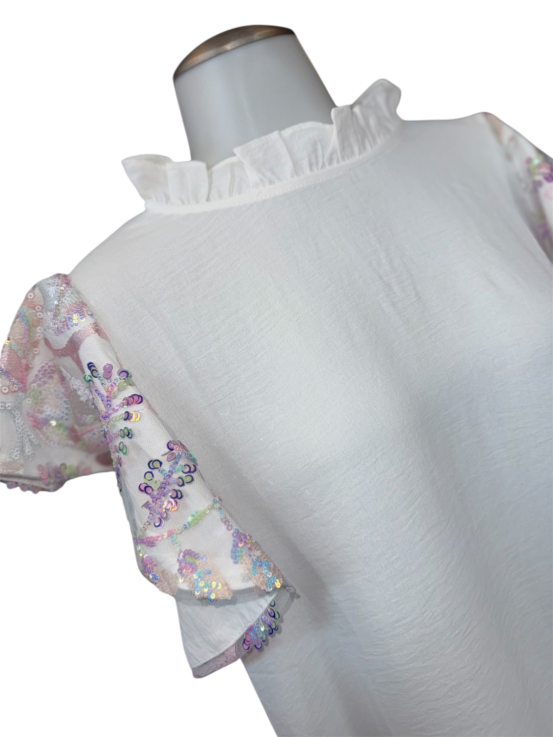 WHITE IRIDESCENT SEQUIN FLUTTER SLEEVE BLOUSE- SALE- MEDIUM & LARGE AVAILABLE