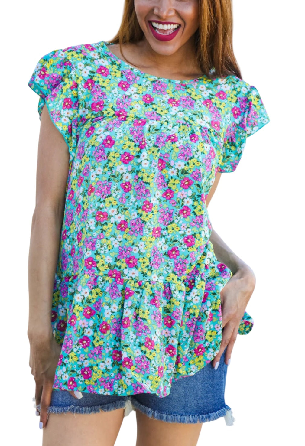 MINT FLORAL YOKE FLUTTER KEYHOLE BACK RUFFLE TOP- SALE- MEDIUM AVAILABLE