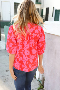 RED PINK RIBBON BOW FLORAL WOVEN TOP-PLUS