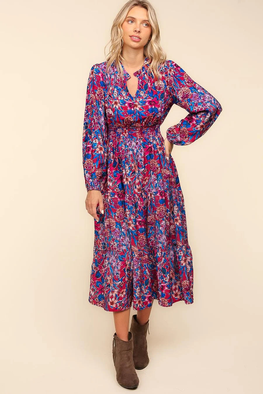 PINK BLUE NOTCH NECK PRINTED POCKETED MAXI DRESS