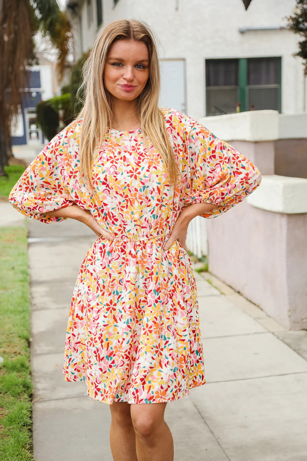 MULTI COLOR FLORAL SYNCHED WAIST POCKETED DRESS