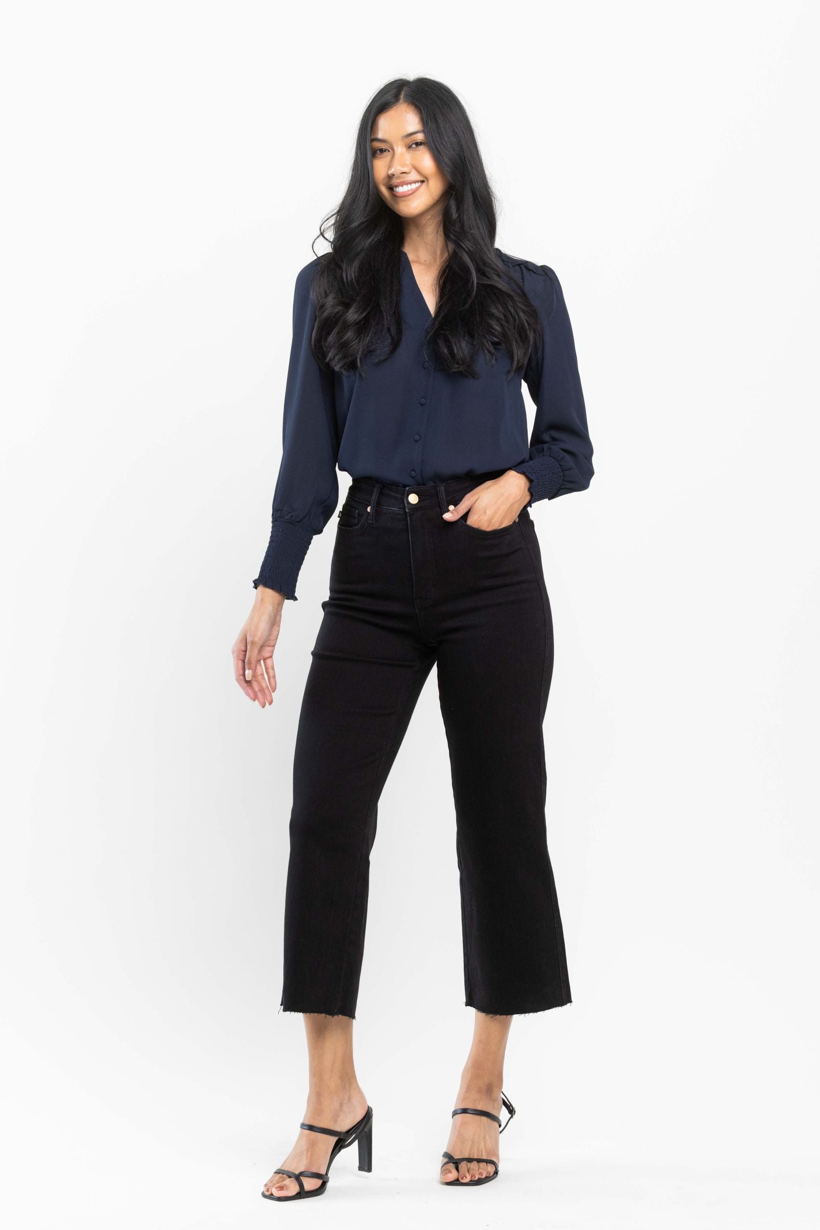 JUDY BLUE HIGH WAIST TUMMY CONTROL BLACK WIDE CROP LEG DENIM-PLUS
