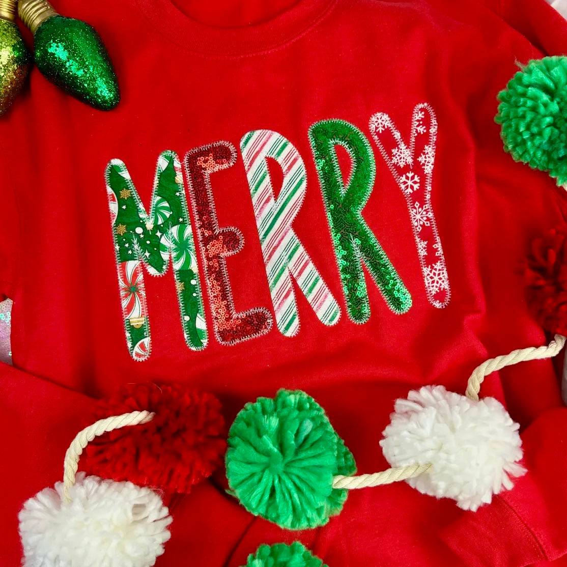 RED "MERRY" MULTI PRINTED FABRIC APPLIQUED HANDMADE CHRISTMAS SWEATSHIRT SEQUINS - SMALL