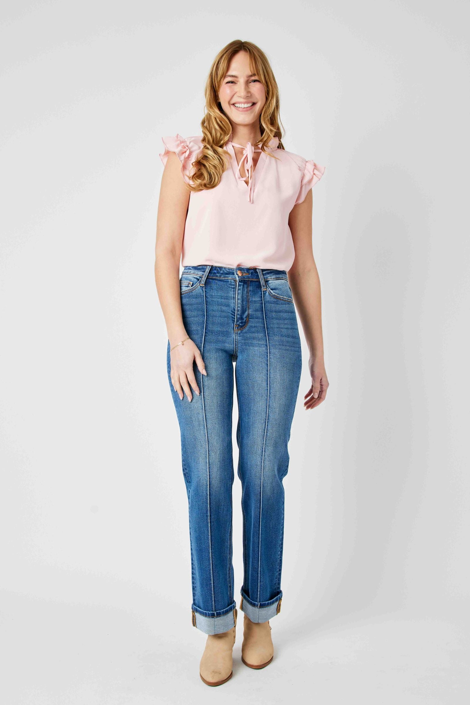 MEDIUM WASH HIGH WAIST FRONT SEAM DETAIL & CUFFED STRAIGHT JUDY BLUE DENIM