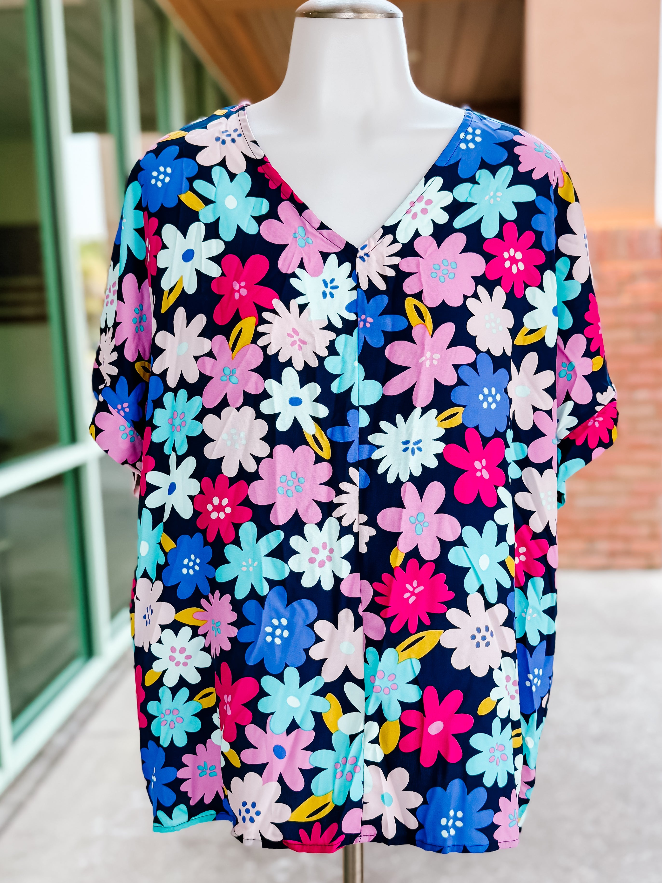 Blue Fuchsia Multi Floral Bold Top- SALE- SMALL & LARGE AVAILABLE