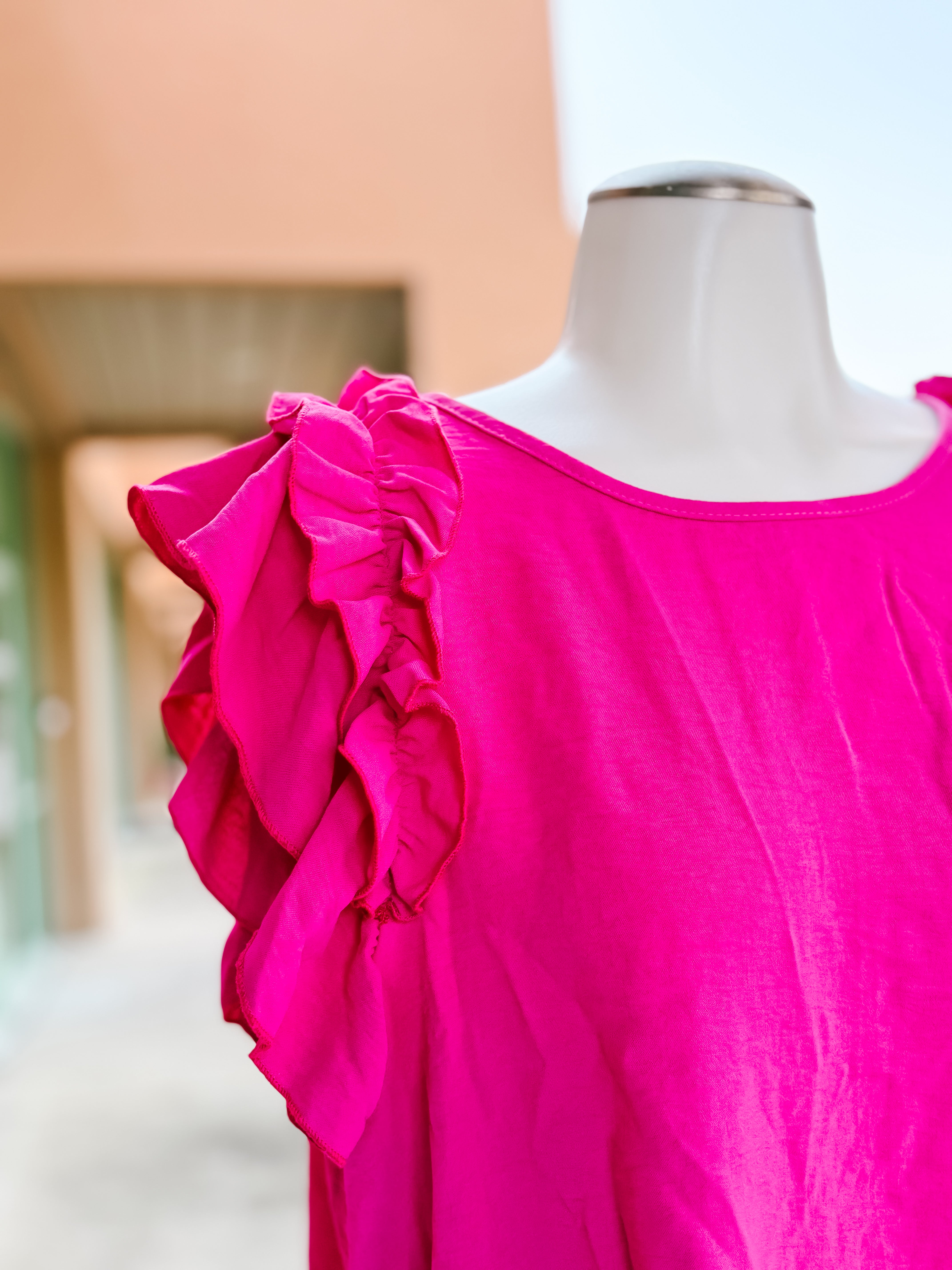 Hot Pink Crinkle Double Ruffle Short Sleeve Top- SALE