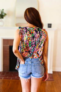 BLACK MULTI COLOR FLORAL ABSTRACT WATERCOLOR RUFFLE TANK