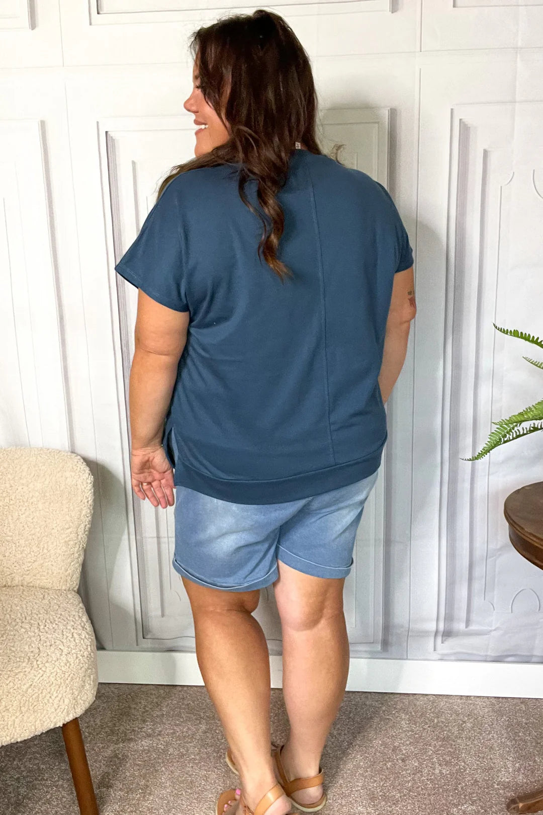 NAVY "USA" RWB PATCH NOTCHED NECK DOLMAN VNECK TOP- PLUS- SALE