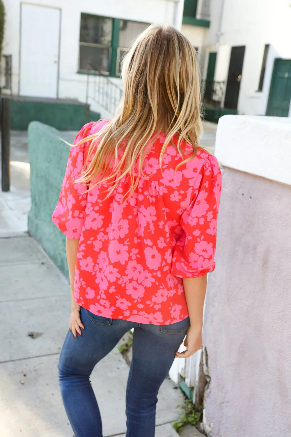 RED PINK RIBBON BOW FLORAL WOVEN TOP
