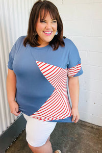 RED BLUE STAR STRIPE DETAIL FRENCH TERRY PATRIOTIC TOP-PLUS