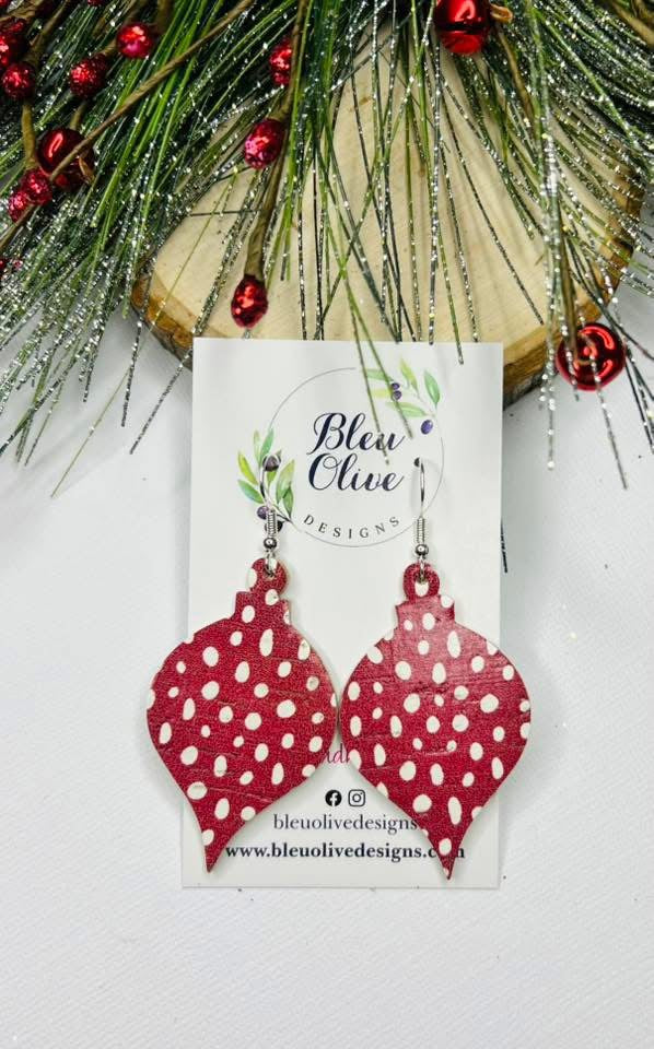 ORNATE LONG CHRISTMAS ORNAMENT SHAPE LEATHER HANDMADE EARRINGS BY B.O.D