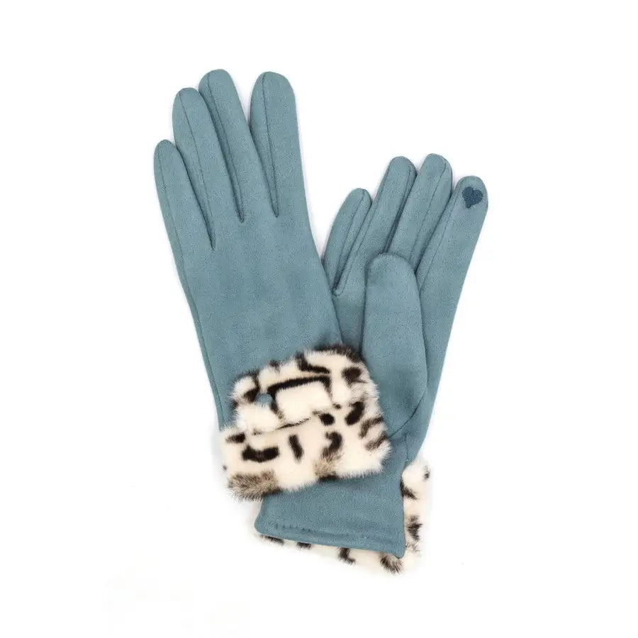 LEOPARD FUR TRIM SUEDE SMART PHONE - TOUCH SCREEN WARM & SOFT GLOVES