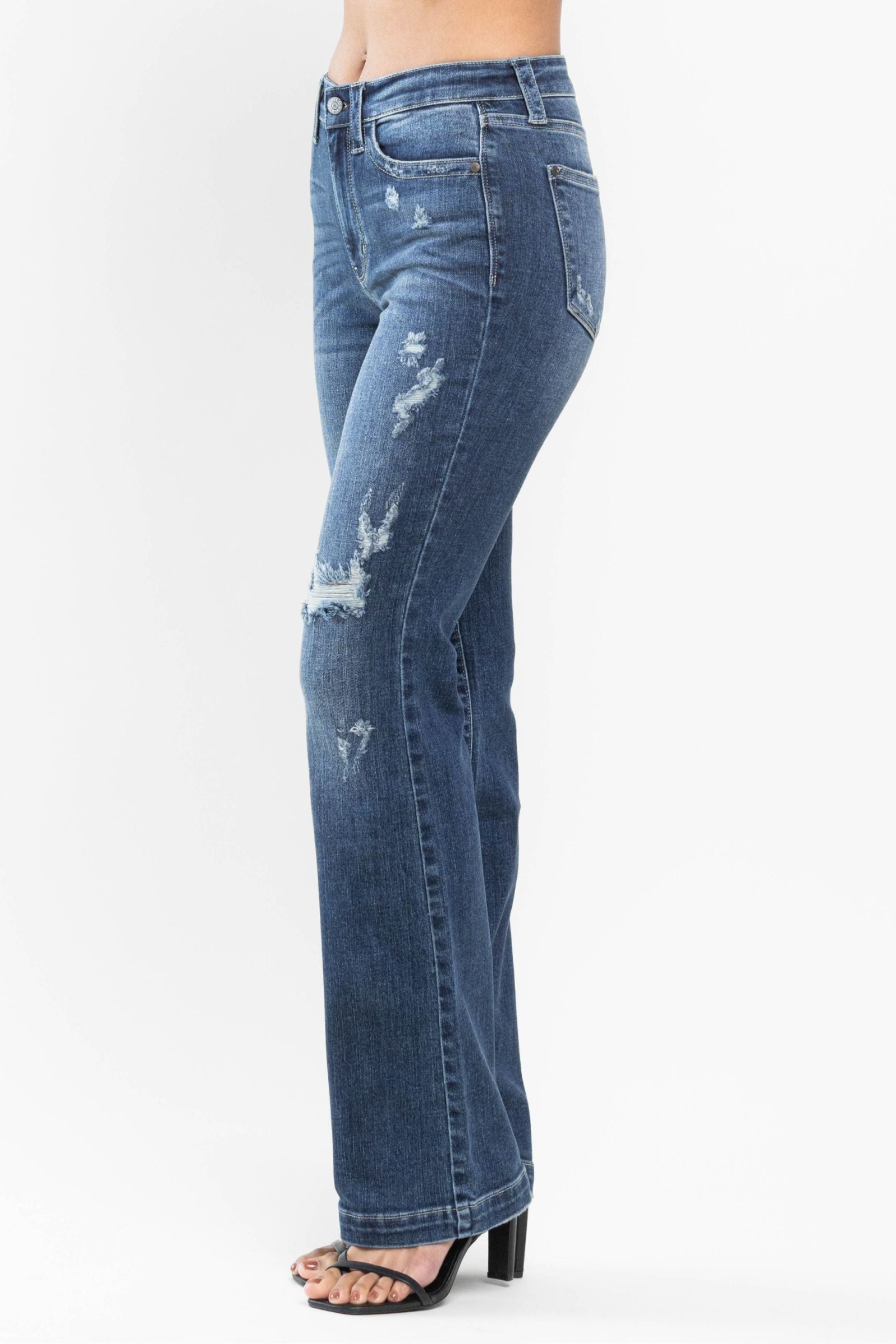 DARKWASH MID RISE HAND SAND DESTROYED BOOTCUT JUDY BLUE DENIM