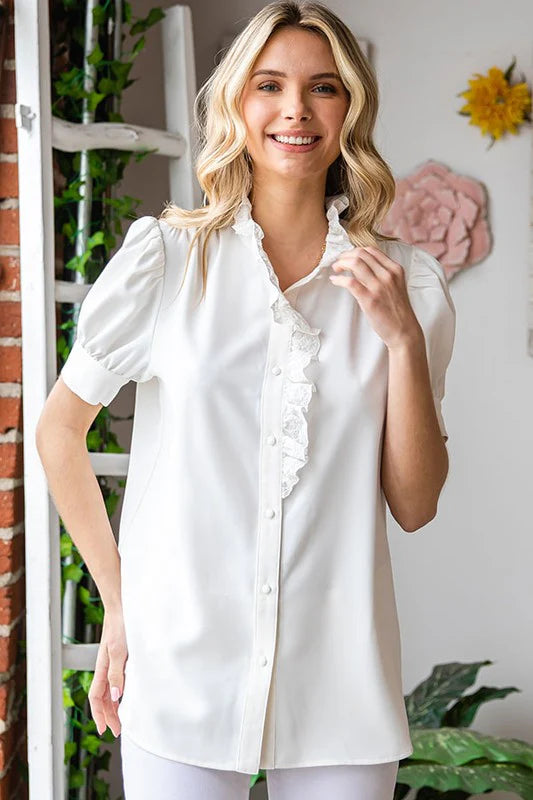 IVORY SOLID RUFFLE CROCHET DETAIL BLOUSE