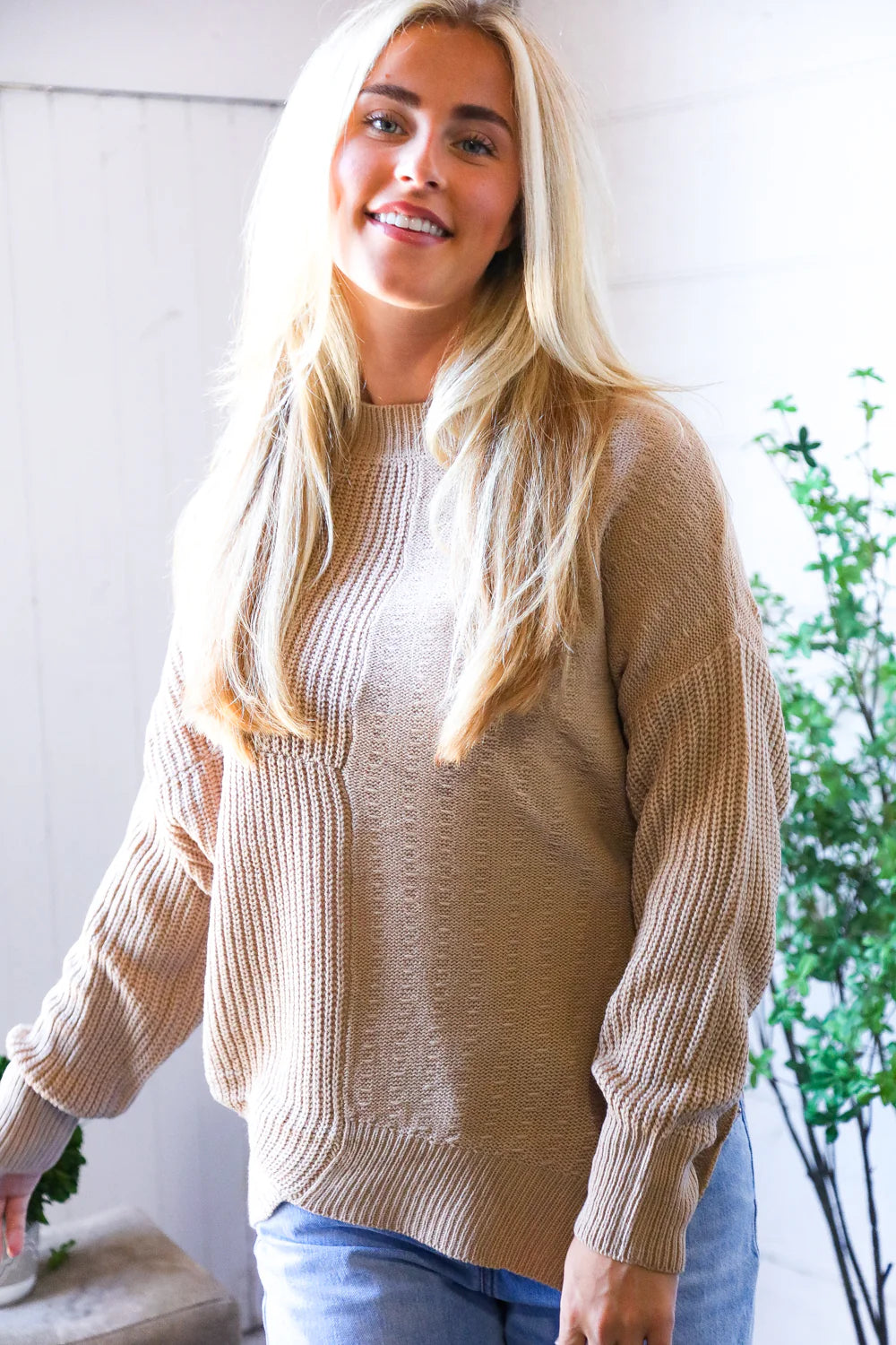 SOLID TAUPE OVERSIZED SLOUCHY SWEATER-PLUS