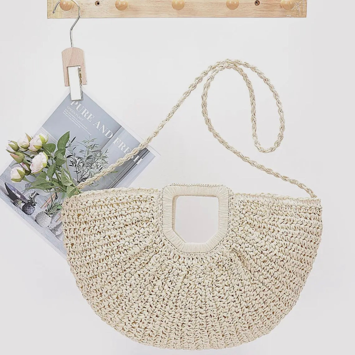 IVORY FAUX STRAW HANDMADE HANDLE TOTE BAG PURSE