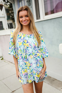 AQUA YELLOW GREEN BLUE FLORAL BUBBLE SLEEVE TOP