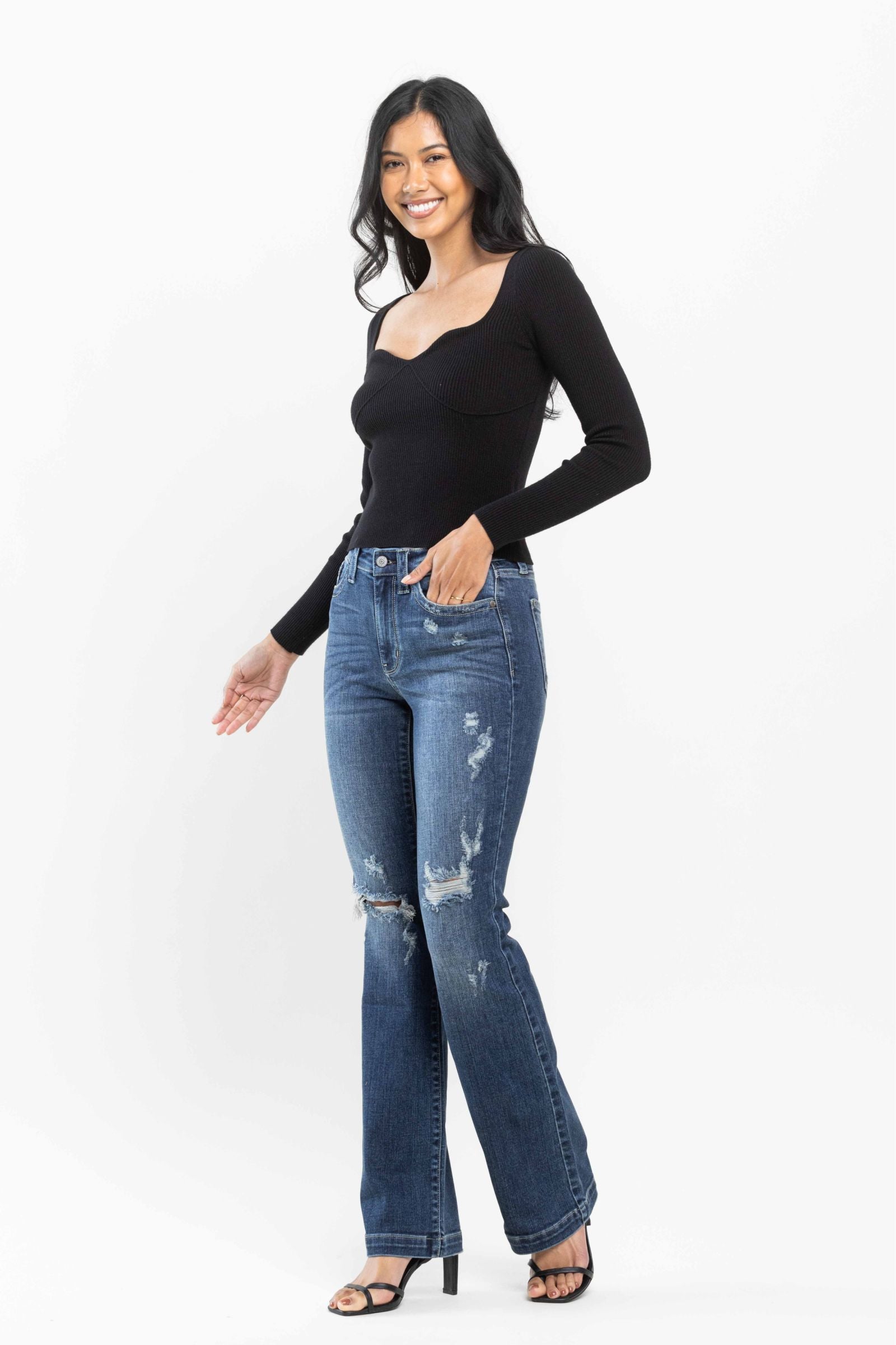 DARKWASH MID RISE HAND SAND DESTROYED BOOTCUT JUDY BLUE DENIM