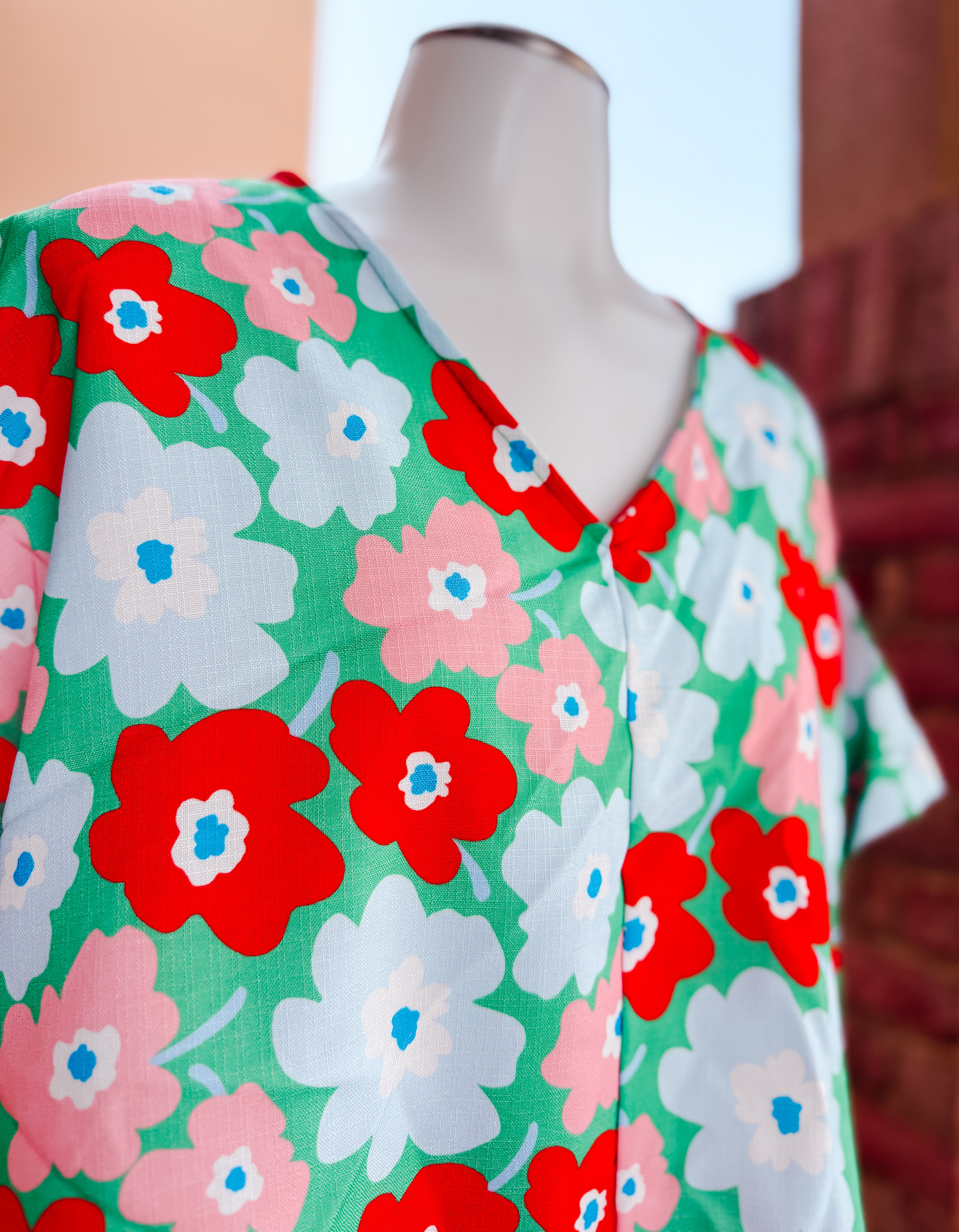 Green Orange Floral Vneck Drop Shoulder Top- SALE